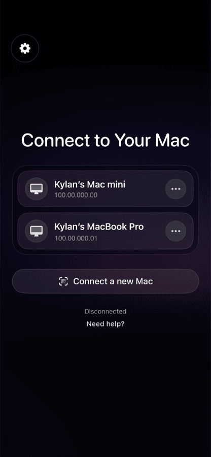 PocketCtrl on iPhone, listing two saved Macs and a button to connect a new Mac.