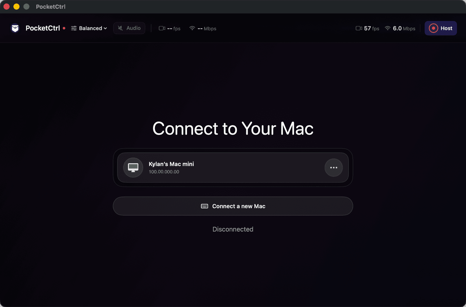 PocketCtrl on the Mac, showing a saved Mac mini ready to connect and the Host control in the toolbar.